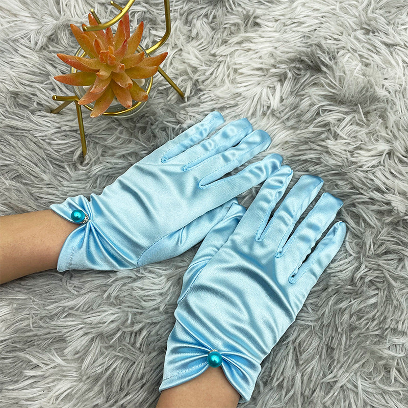 Pearl Bead Satin Stretch Wrist Gloves - LightBlue
