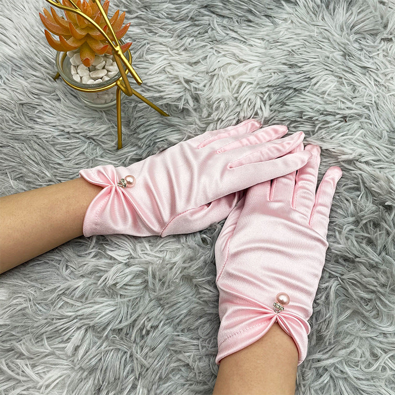Pearl Bead Satin Stretch Wrist Gloves - Pink