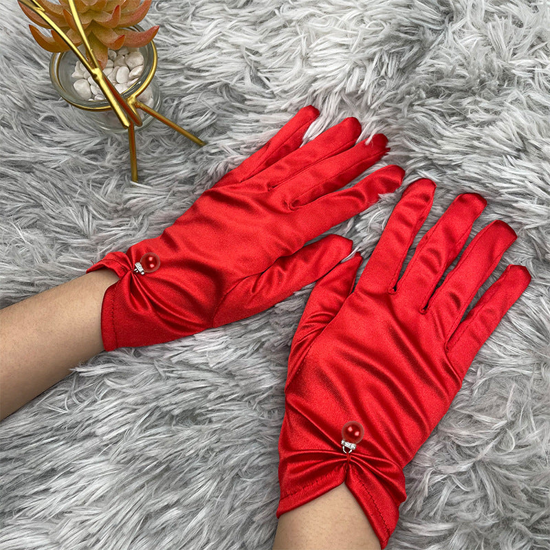 Pearl Bead Satin Stretch Wrist Gloves - Red