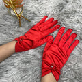 Pearl Bead Satin Stretch Wrist Gloves - Red
