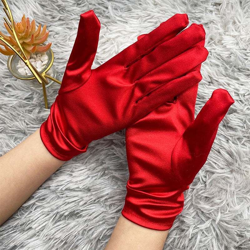 Pearl Bead Satin Stretch Wrist Gloves - Red - 1