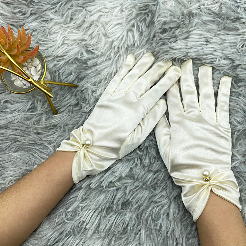 Pearl Bead Satin Stretch Wrist Gloves - RiceWhite