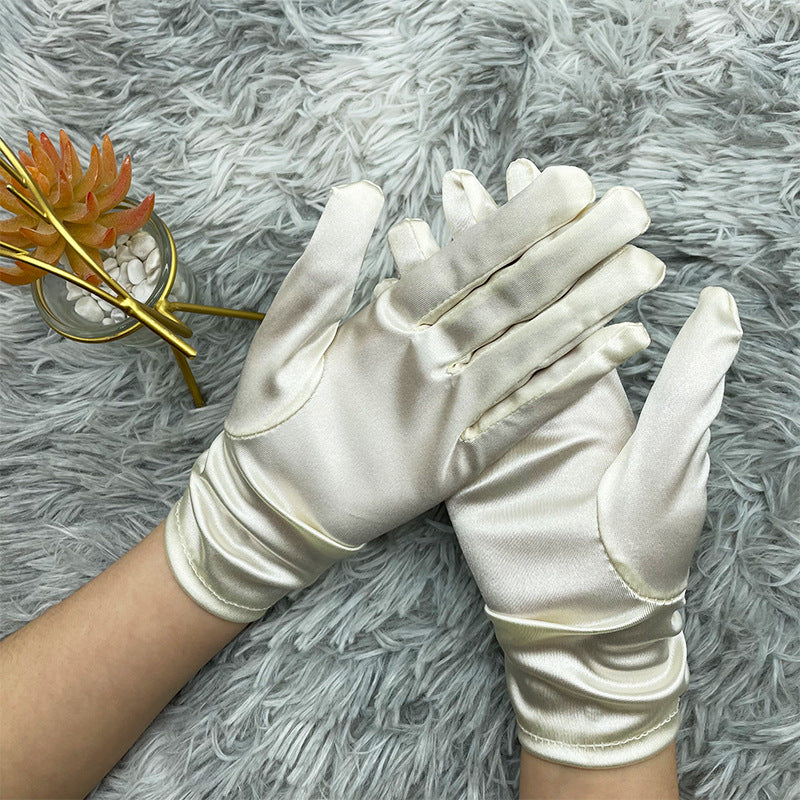 Pearl Bead Satin Stretch Wrist Gloves - RiceWhite - 1