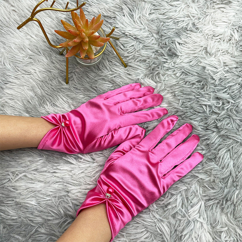 Pearl Bead Satin Stretch Wrist Gloves - RoseRed