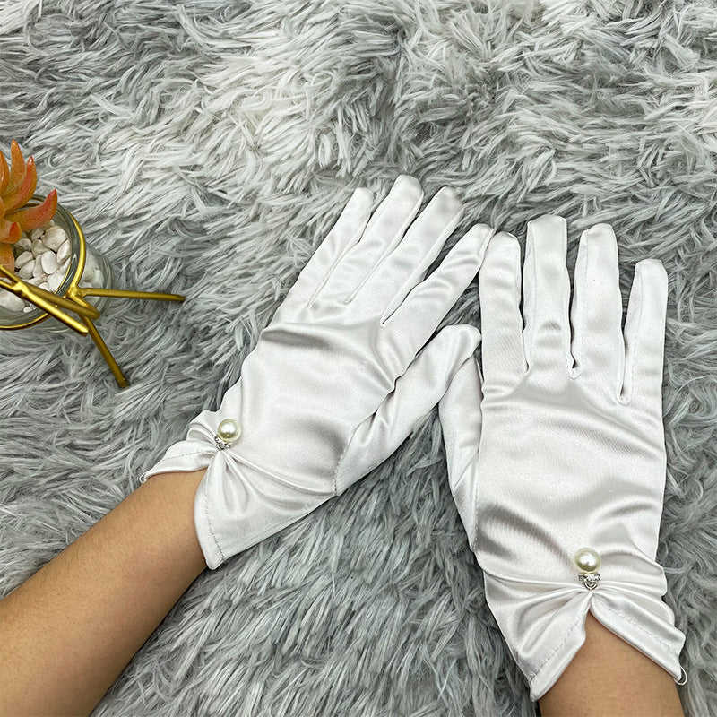 Pearl Bead Satin Stretch Wrist Gloves - White