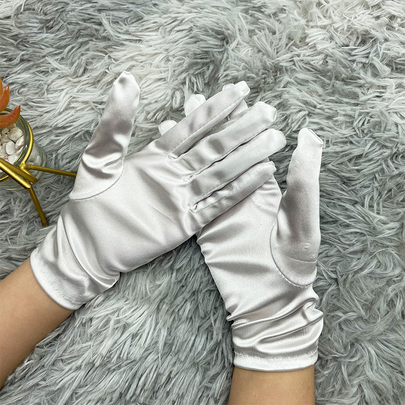 Pearl Bead Satin Stretch Wrist Gloves - White - 1