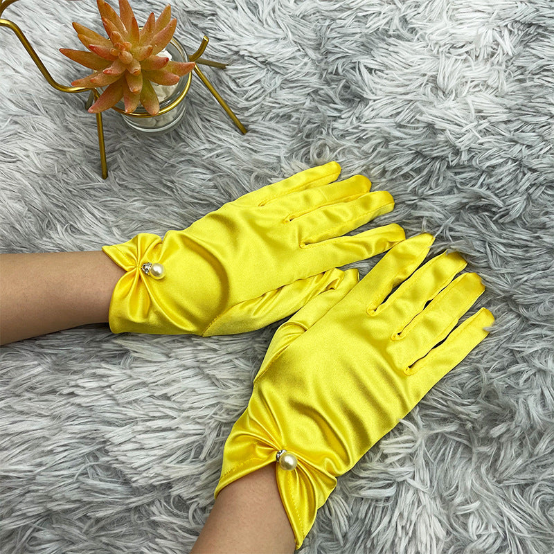 Pearl Bead Satin Stretch Wrist Gloves - Yellow