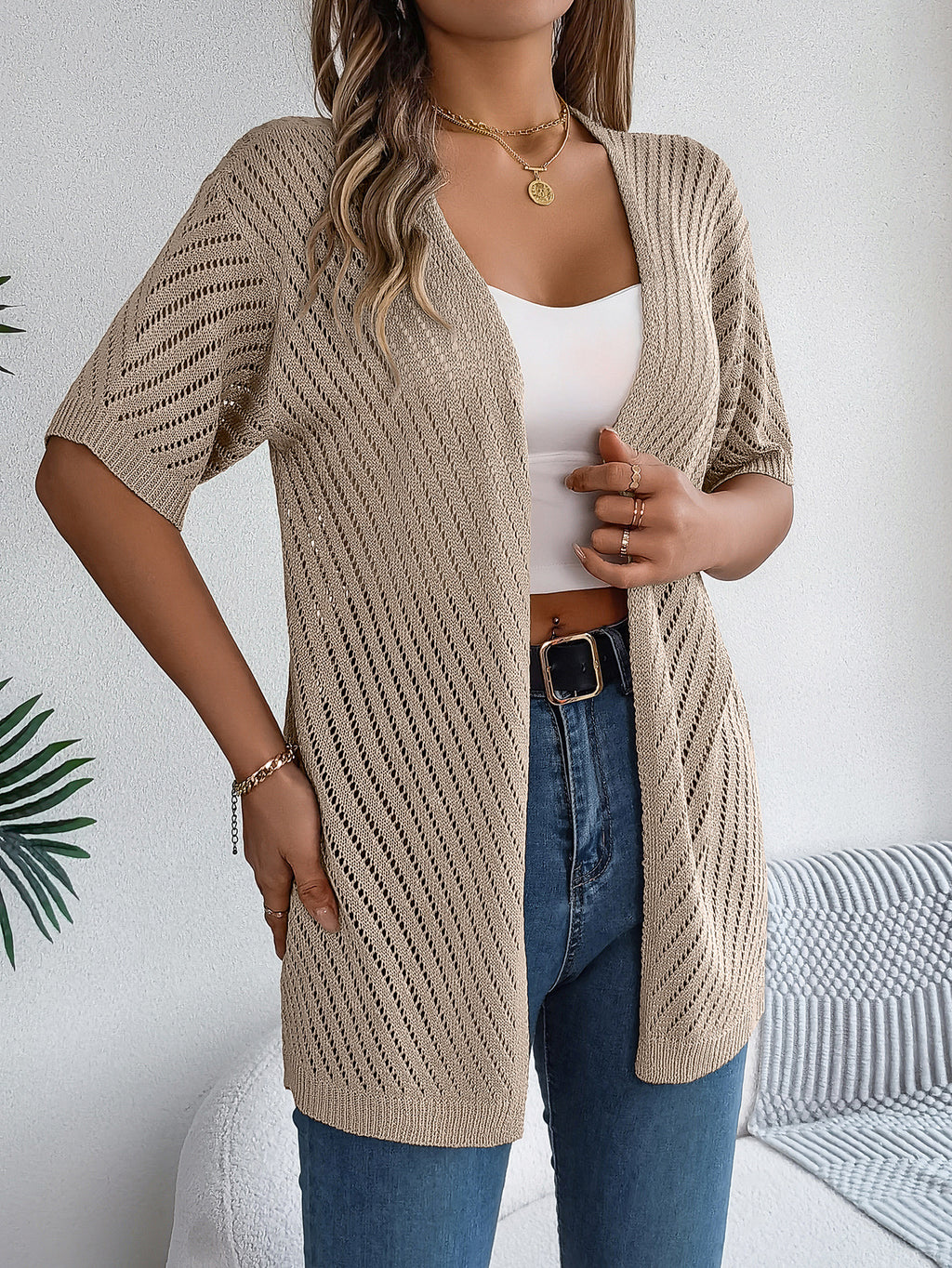 Open Front Sheer Knit Cover Up Shirt - Khaki