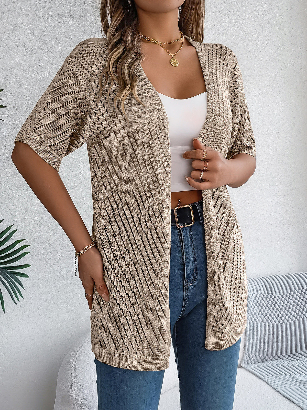 Open Front Sheer Knit Cover Up Shirt - Khaki