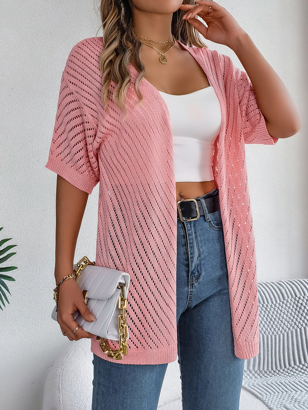 Open Front Sheer Knit Cover Up Shirt - Pink