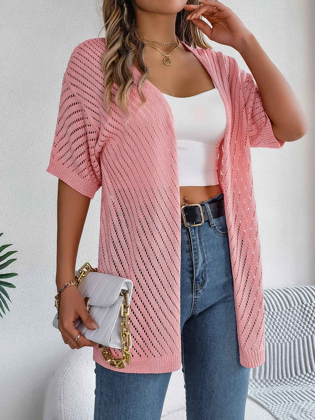Open Front Sheer Knit Cover Up Shirt - Pink