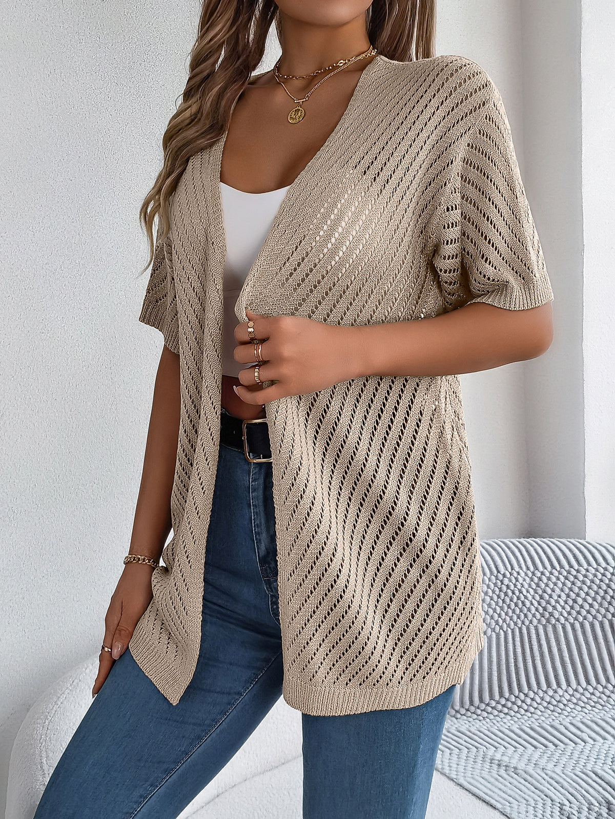 Open Front Sheer Knit Cover Up Shirt