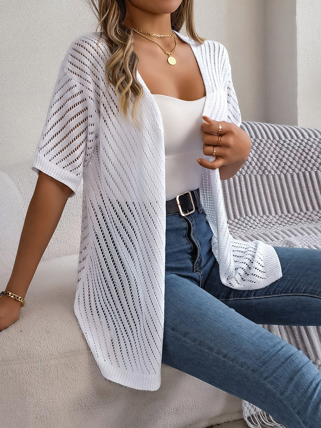 Open Front Sheer Knit Cover Up Shirt - view 7