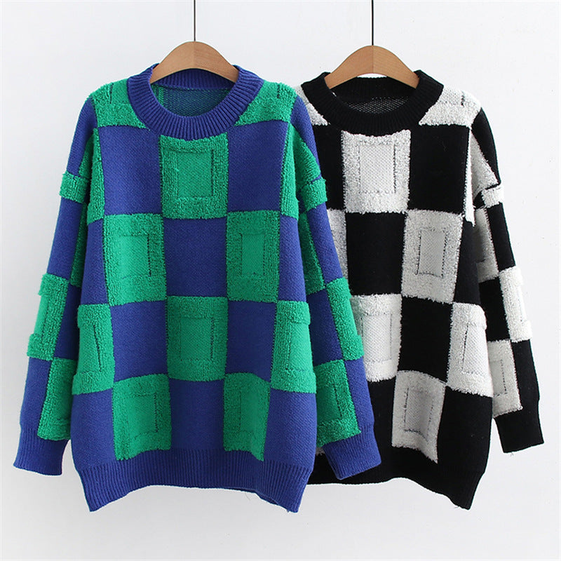 Textured Checkerboard Crewneck Knit Sweater - Black - 1