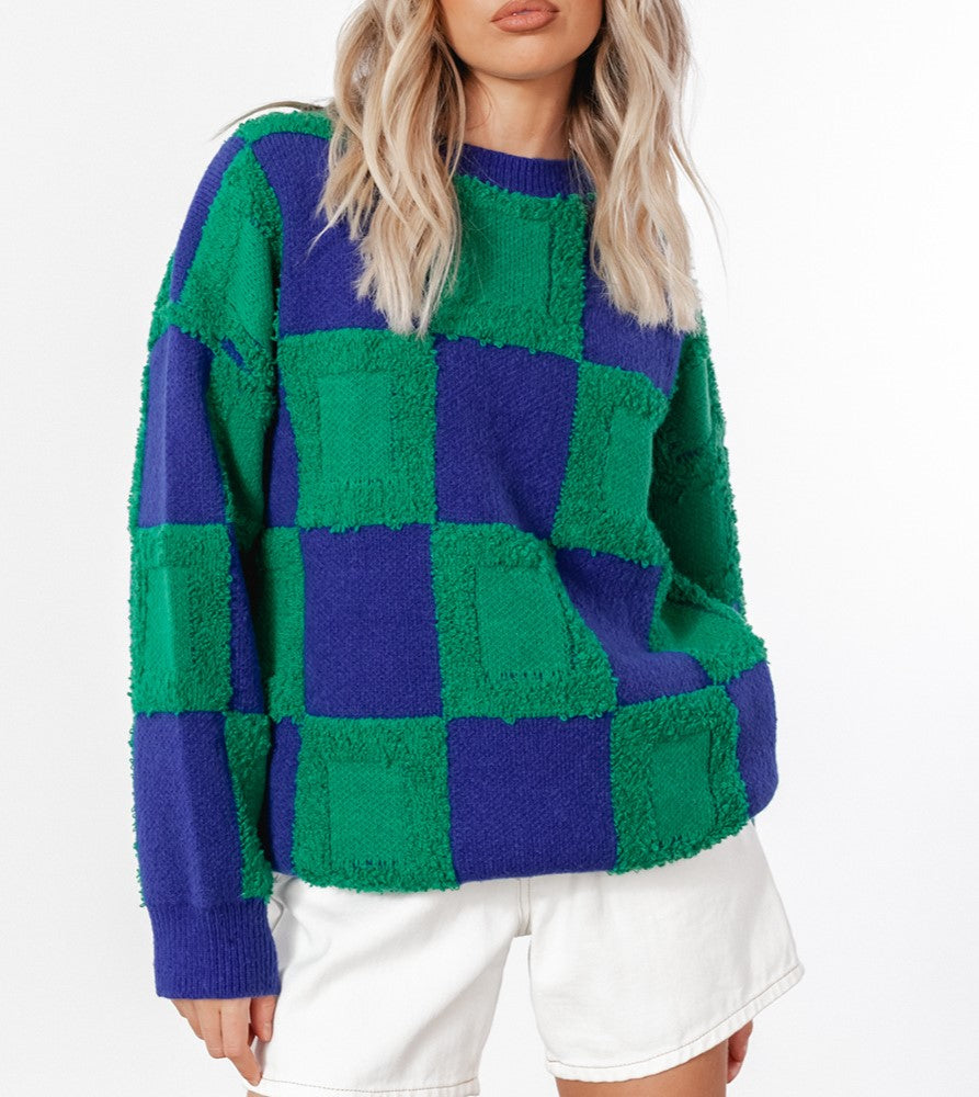 Textured Checkerboard Crewneck Knit Sweater - Green - 1