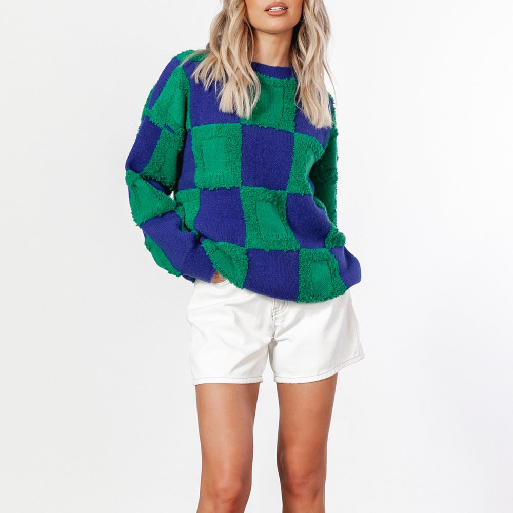 Textured Checkerboard Crewneck Knit Sweater - Green - 2