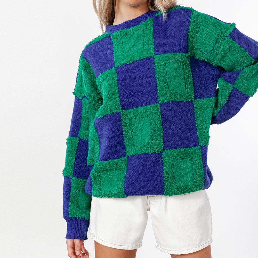 Textured Checkerboard Crewneck Knit Sweater - Green - 3