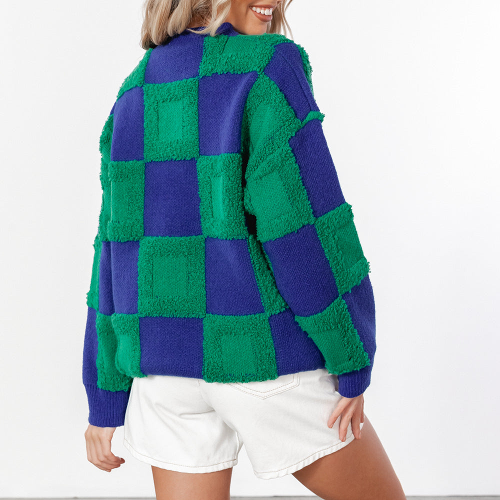 Textured Checkerboard Crewneck Knit Sweater - Green - 4