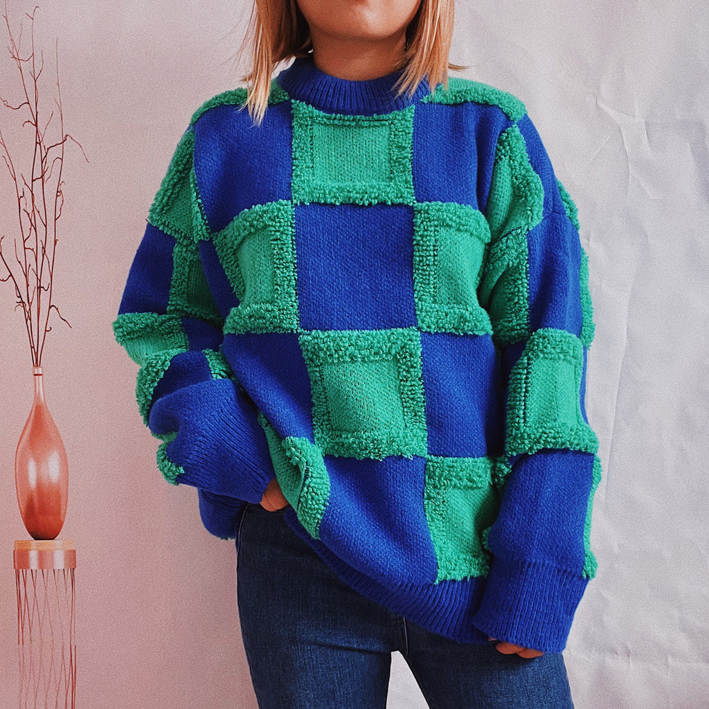 Textured Checkerboard Crewneck Knit Sweater - Green - 5
