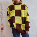 Textured Checkerboard Crewneck Knit Sweater - Yellow