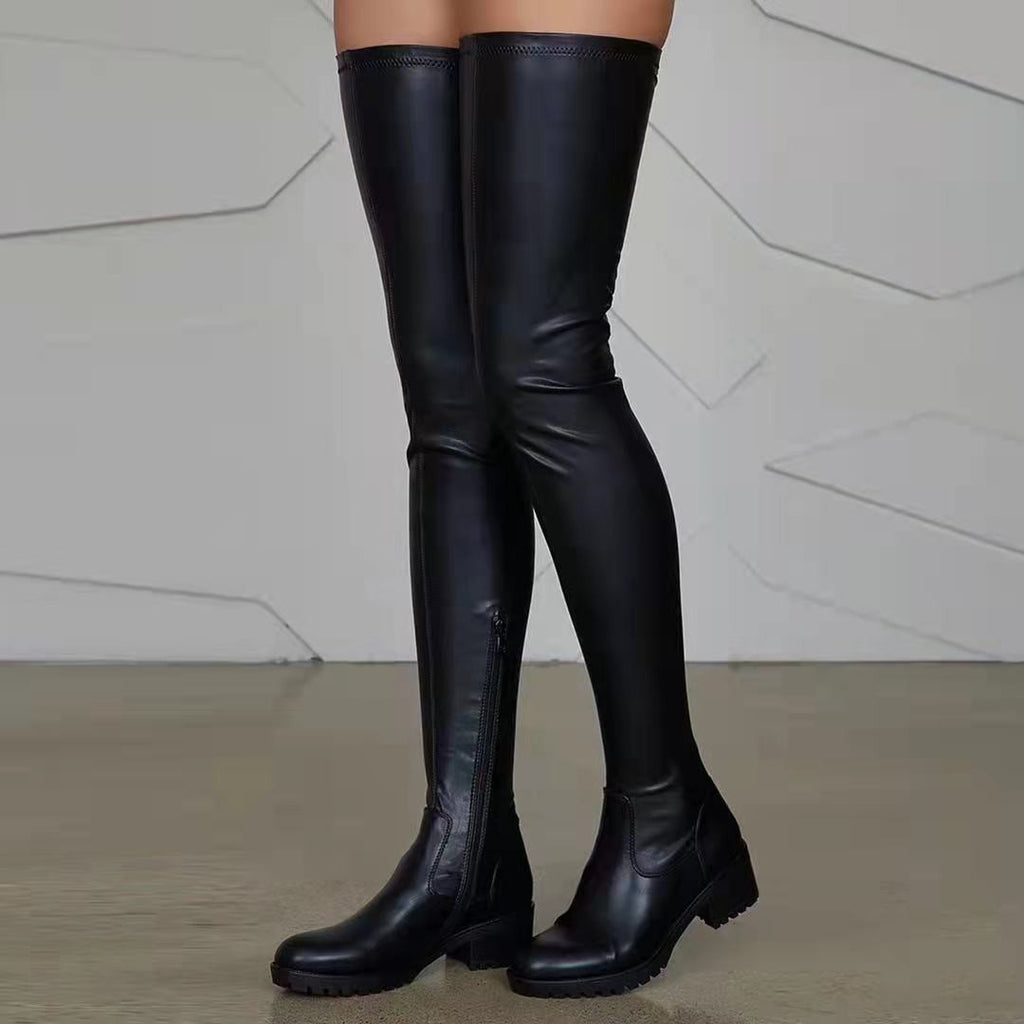 Over the Knee Faux Leather Block Heel Boots - Black
