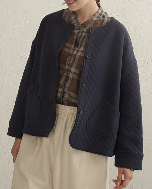 Diamond Quilted Collarless Button Coat - Blue
