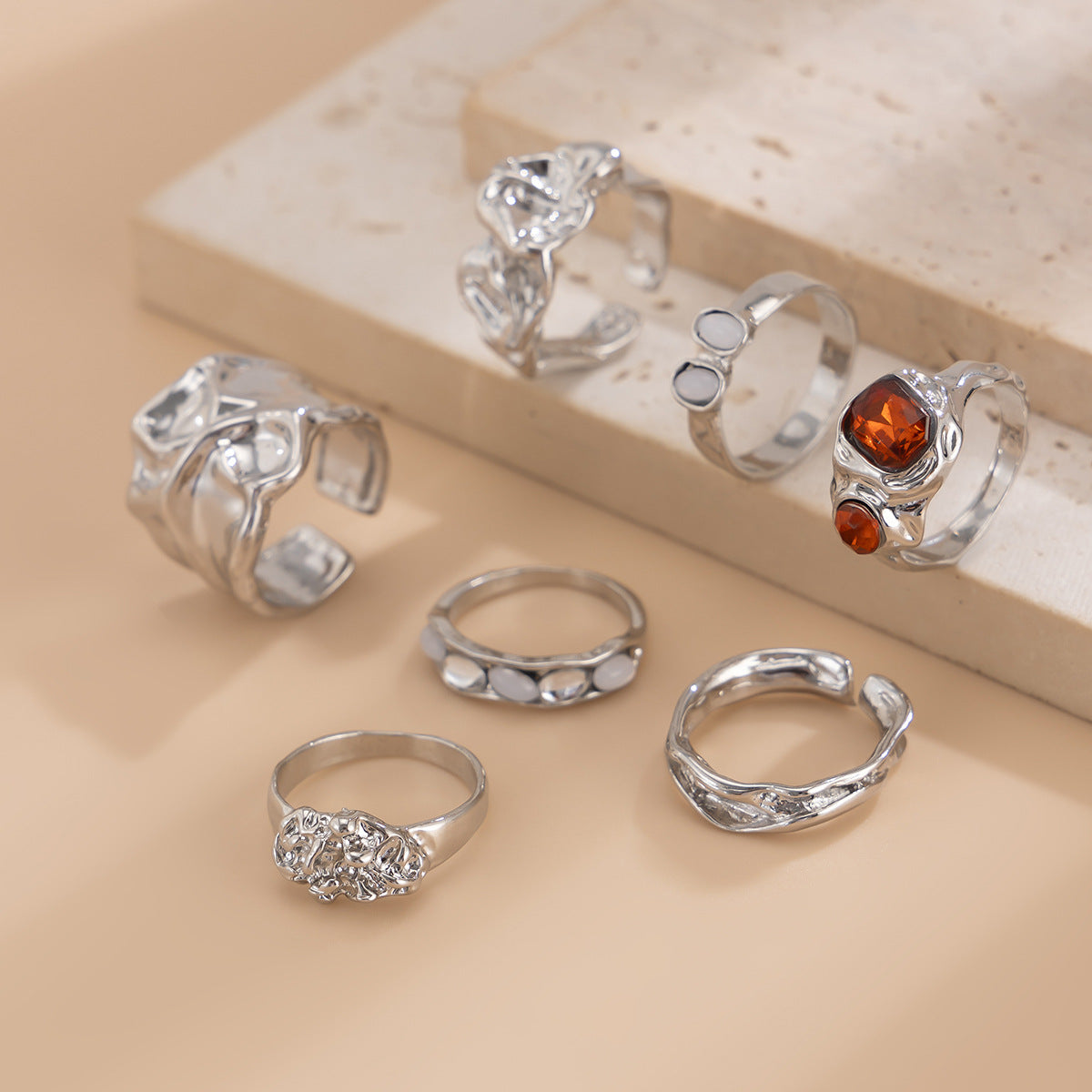 Molten Texture Chunky Ring Set - Silver
