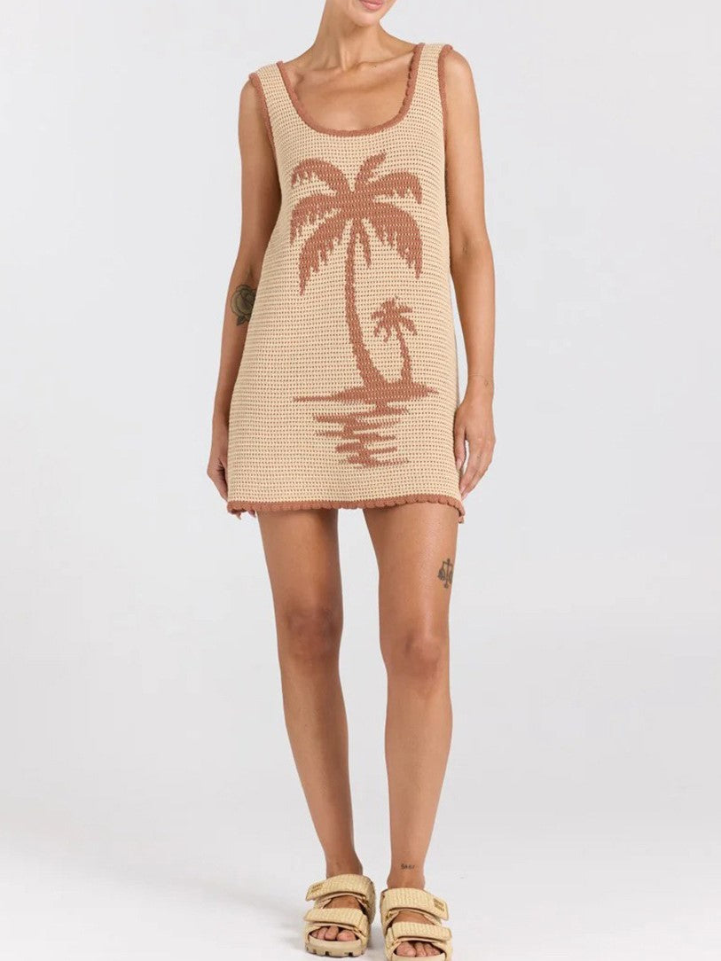 Palm Tree Crochet Knit Beach Cover Up - Brown