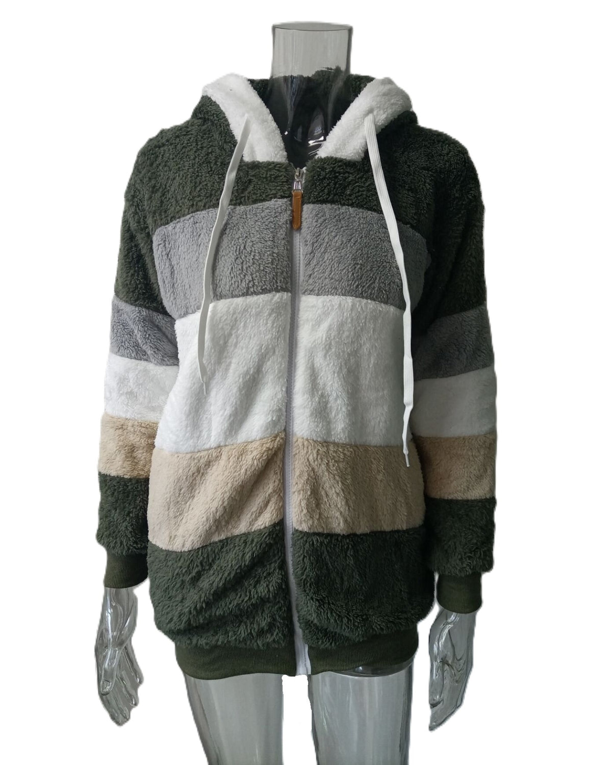 Color Block Sherpa Hooded Zip Coat - Dark-Green