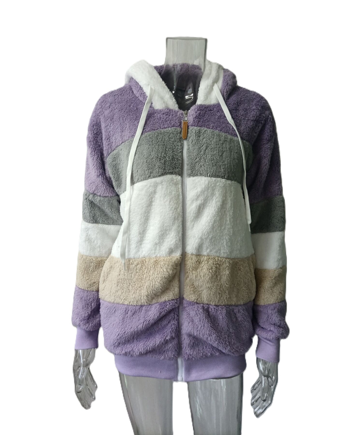 Color Block Sherpa Hooded Zip Coat - Purple
