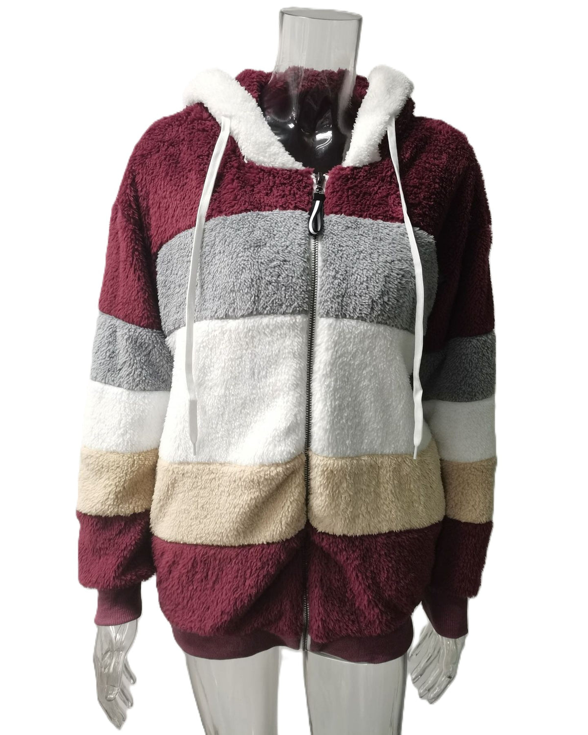 Color Block Sherpa Hooded Zip Coat - Wine-Red