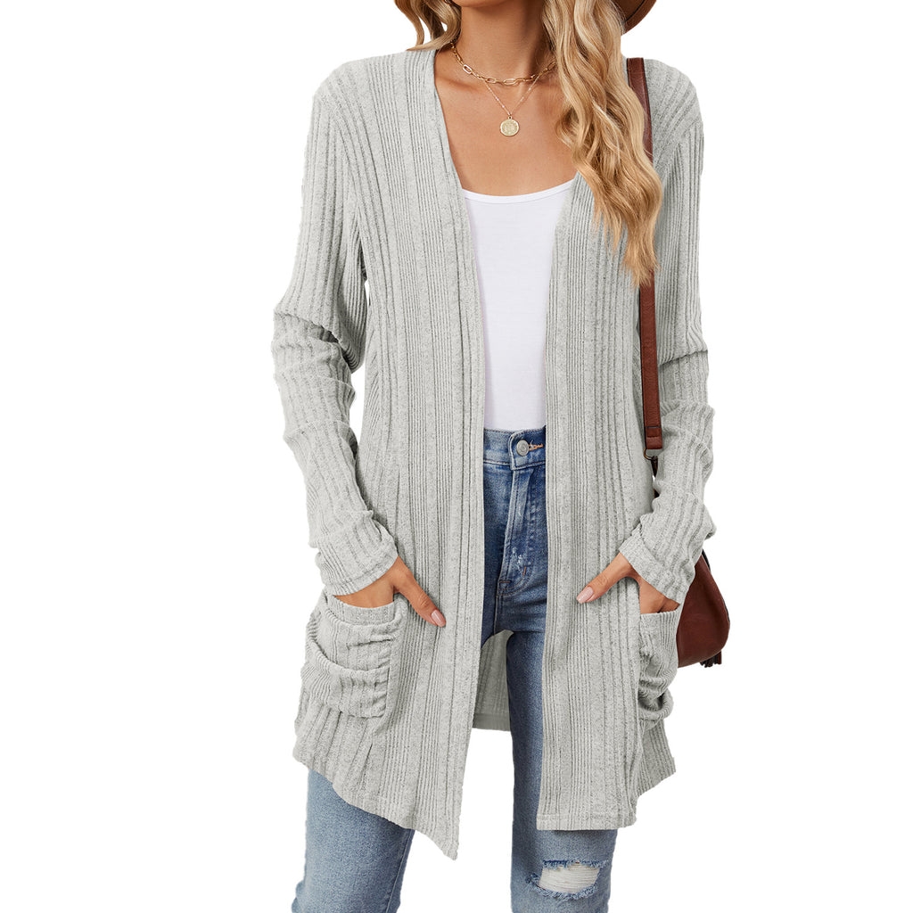 Ribbed Longline Open Cardigan With Pockets - Ash