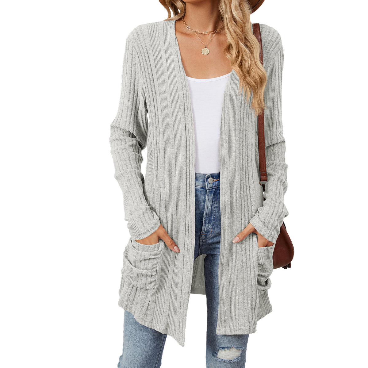 Ribbed Longline Open Cardigan With Pockets - Ash