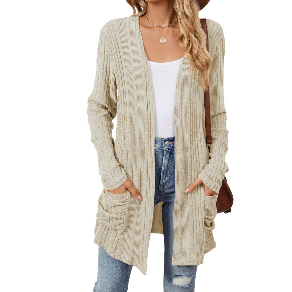 Ribbed Longline Open Cardigan With Pockets - Beige