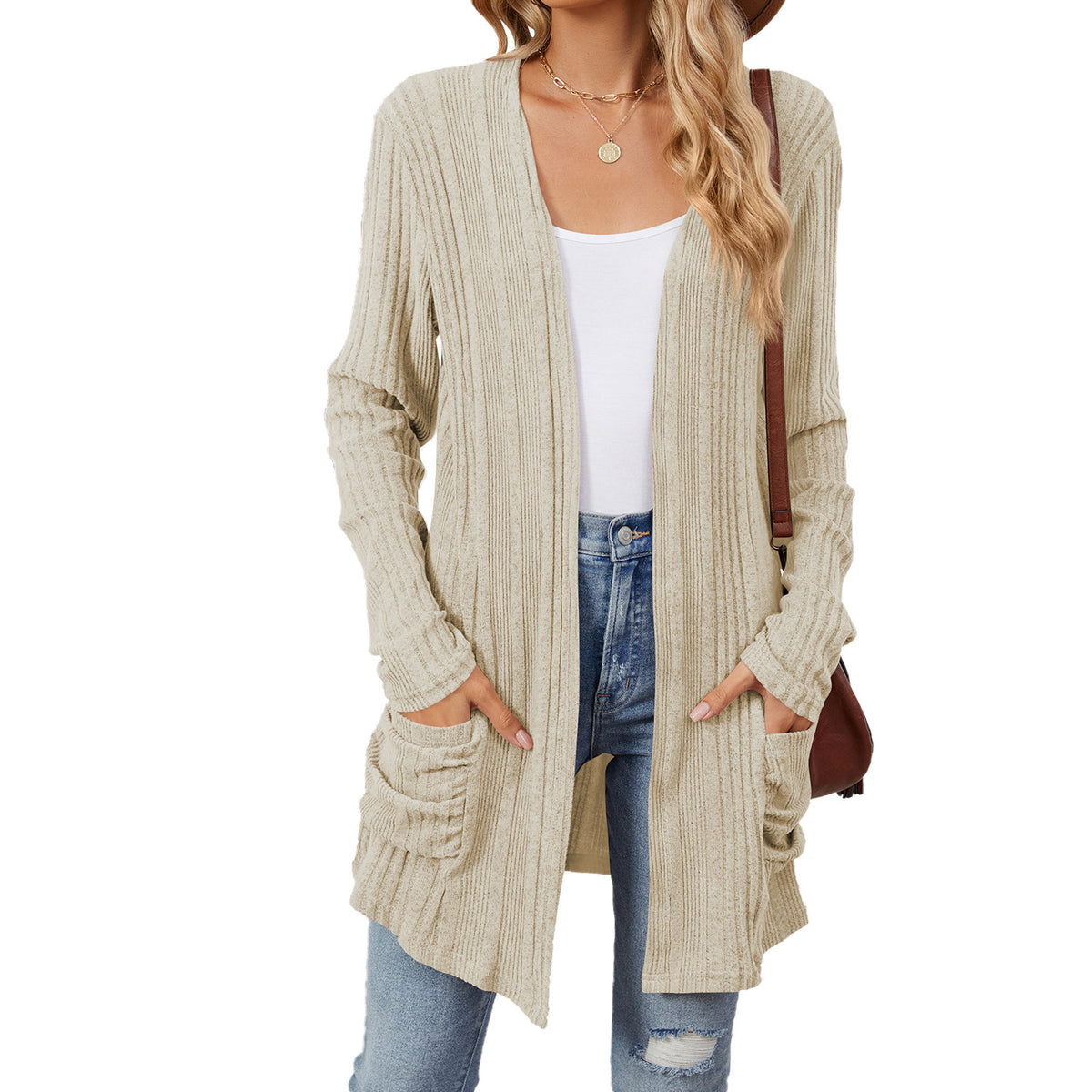 Ribbed Longline Open Cardigan With Pockets - Beige