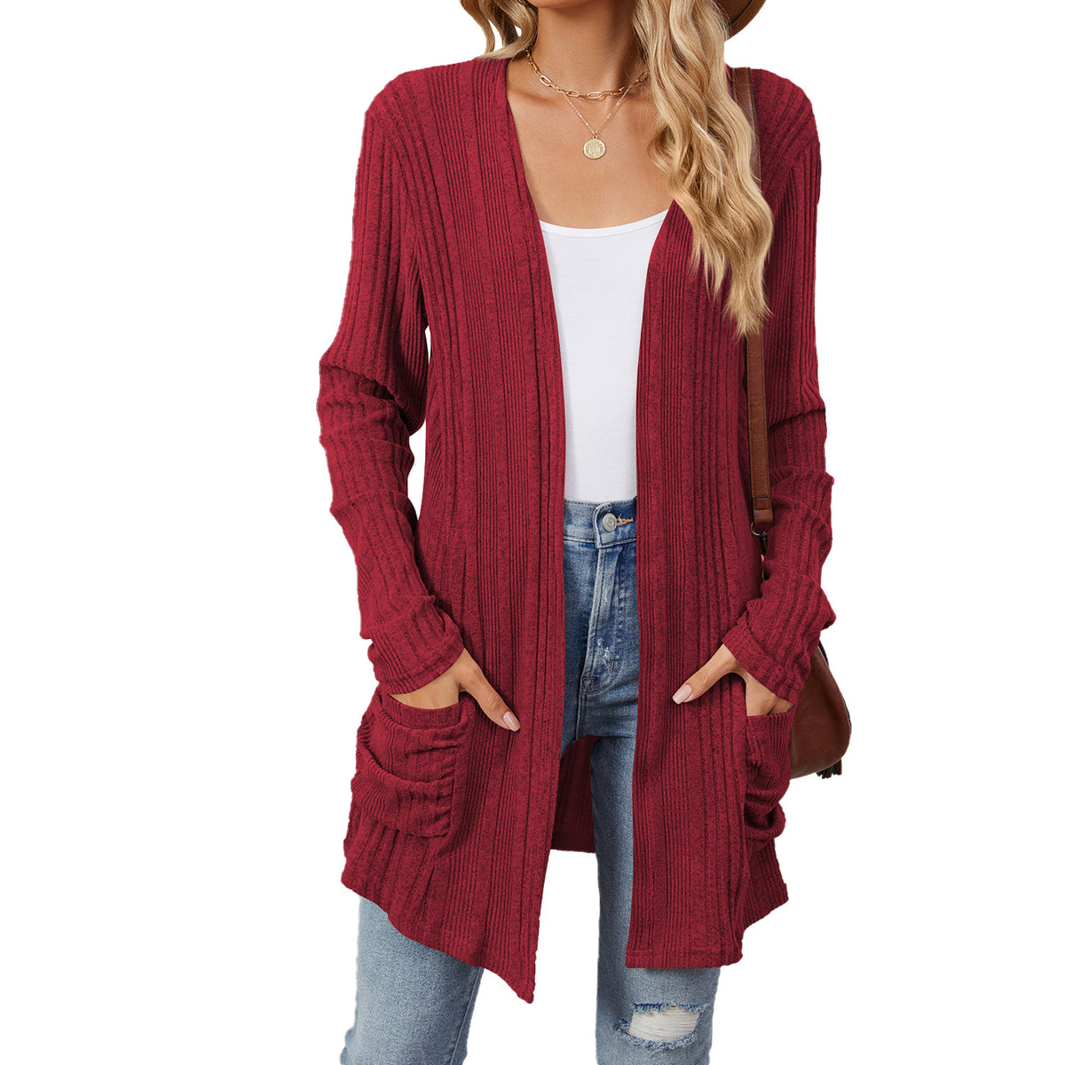 Ribbed Longline Open Cardigan With Pockets - Burgundy