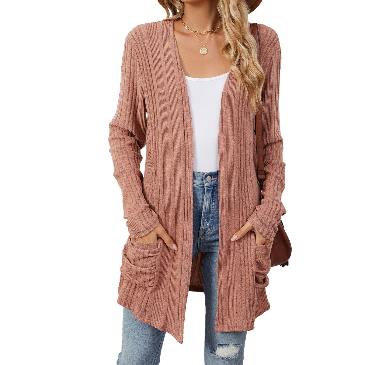 Ribbed Longline Open Cardigan With Pockets - Clay