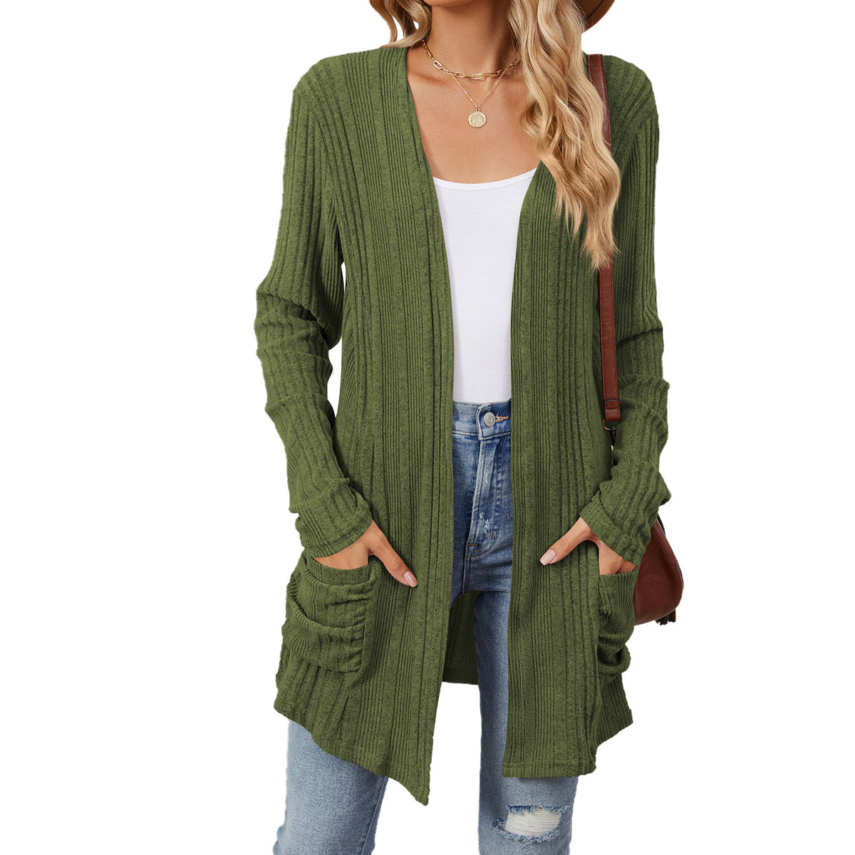 Ribbed Longline Open Cardigan With Pockets - Olive
