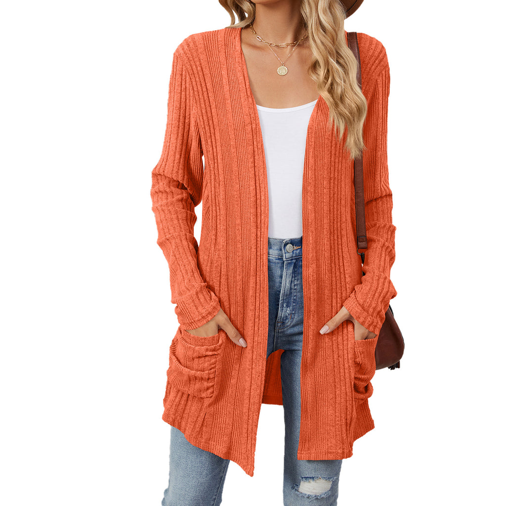 Ribbed Longline Open Cardigan With Pockets - Orange - 1