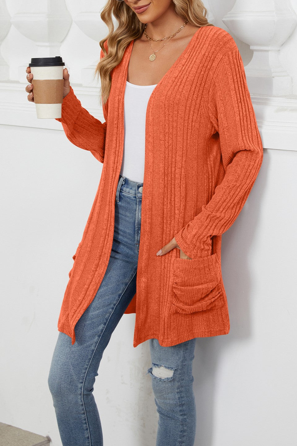 Ribbed Longline Open Cardigan With Pockets - Orange - 2