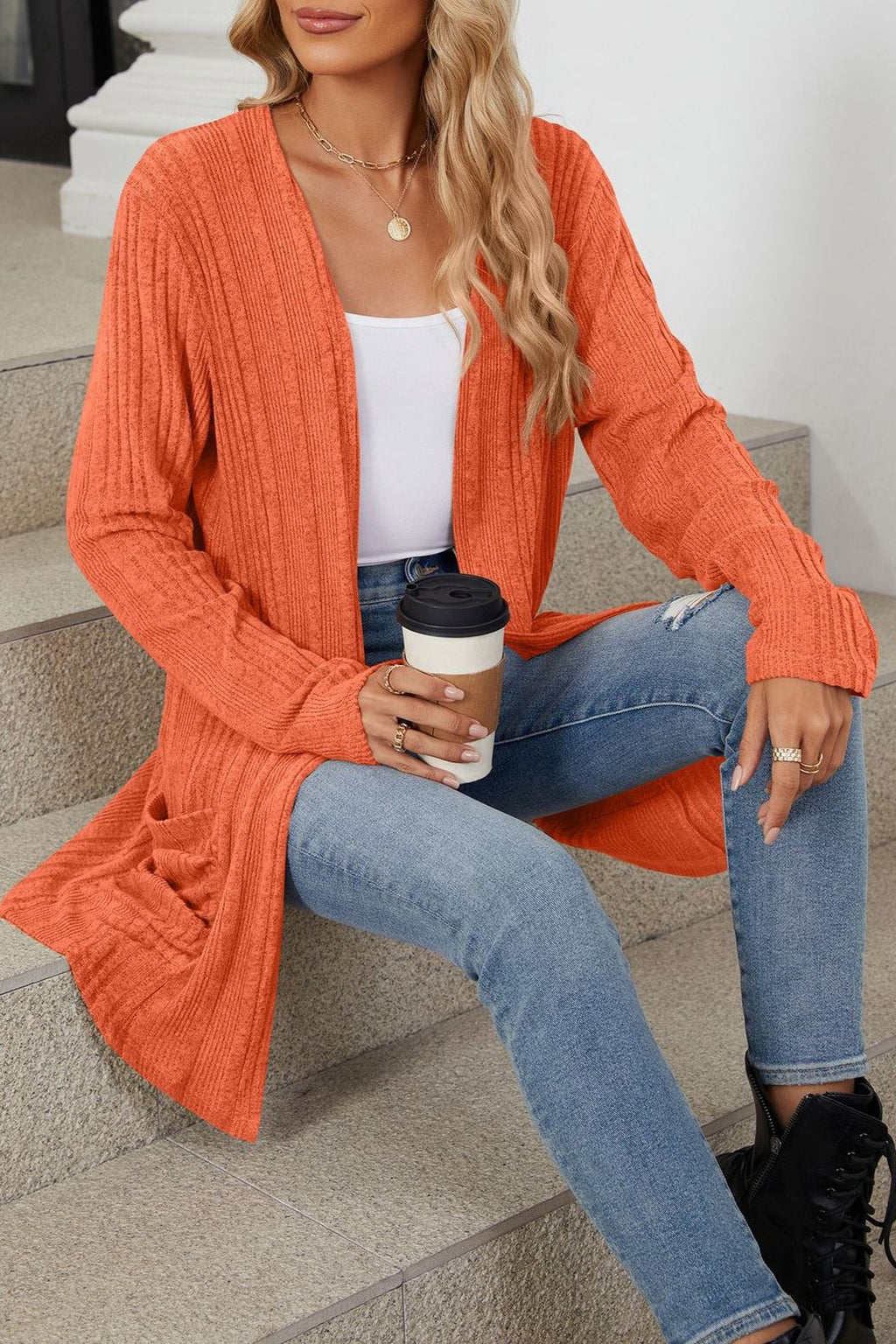 Ribbed Longline Open Cardigan With Pockets - Orange - 3