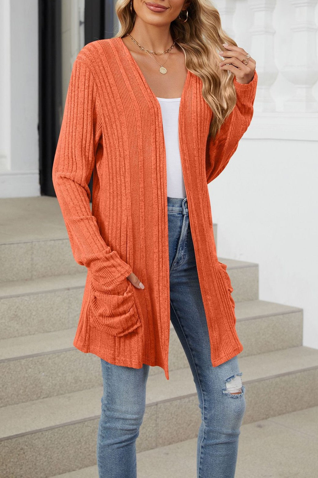 Ribbed Longline Open Cardigan With Pockets - Orange - 4