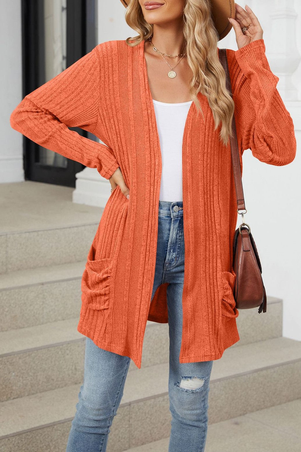Ribbed Longline Open Cardigan With Pockets - Orange - 5