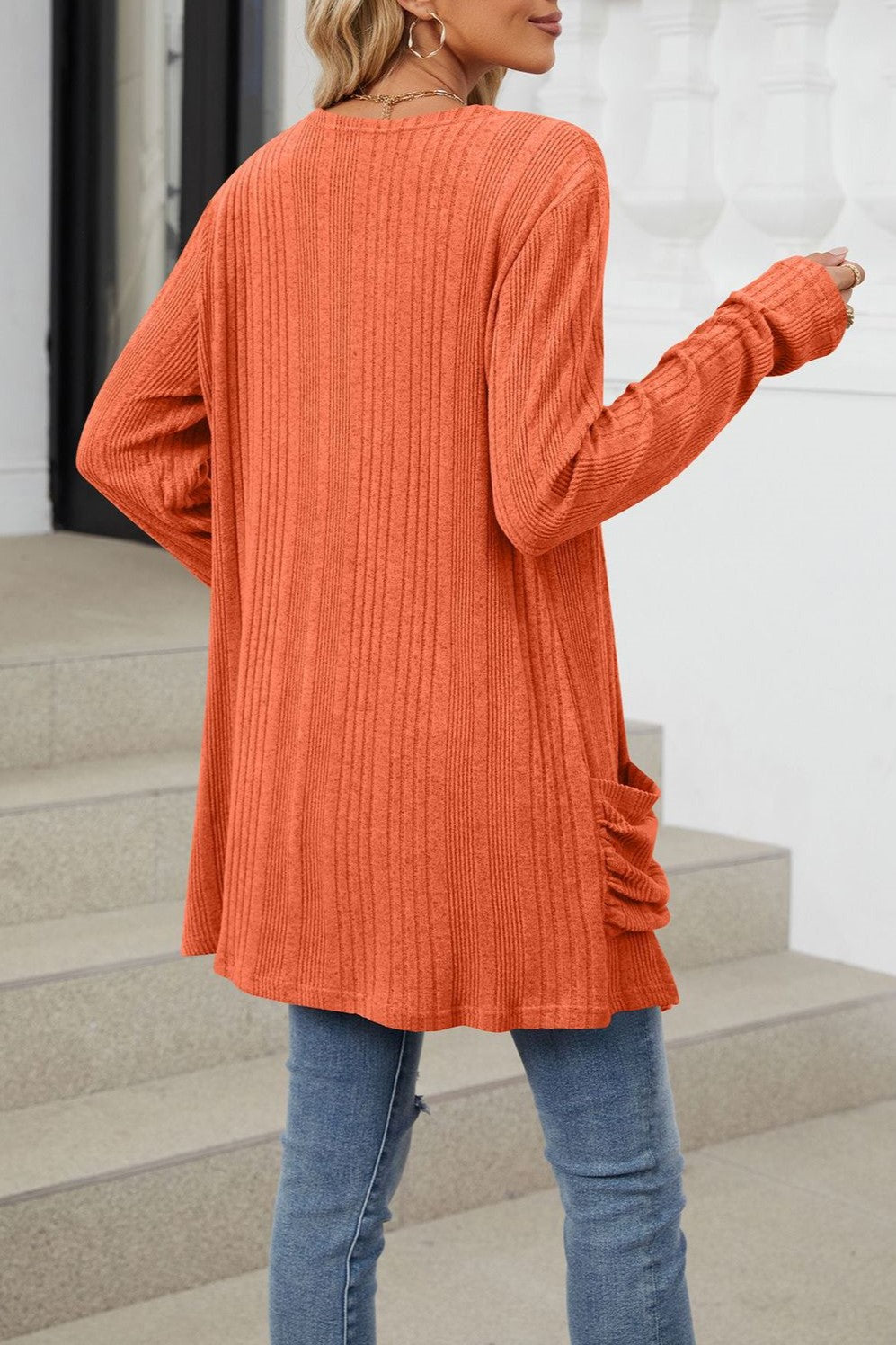 Ribbed Longline Open Cardigan With Pockets - Orange - 6