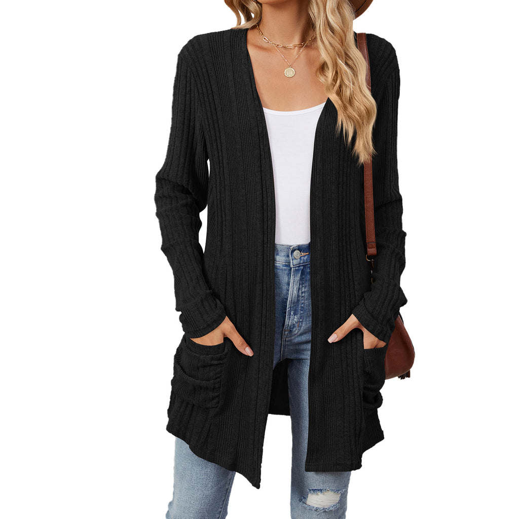 Ribbed Longline Open Cardigan With Pockets - black