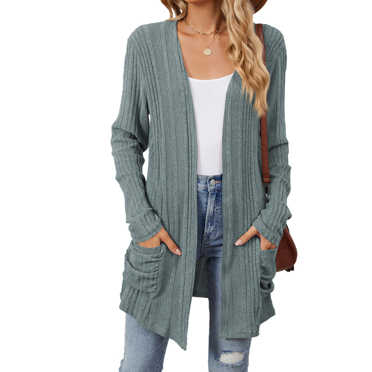 Ribbed Longline Open Cardigan With Pockets - blue