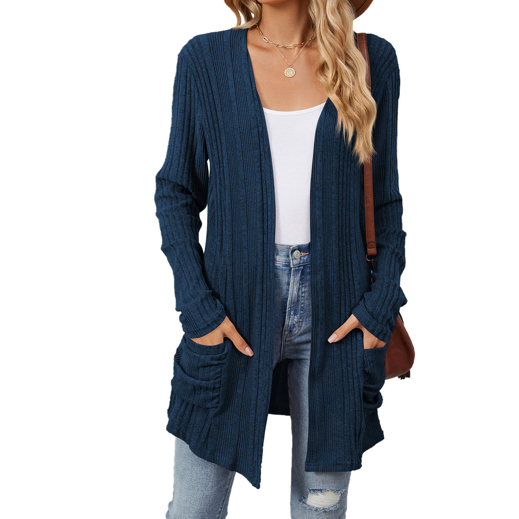 Ribbed Longline Open Cardigan With Pockets - navy