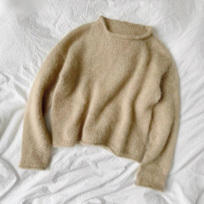 Fuzzy Brushed Knit Mock Neck Cropped Sweater - Camel