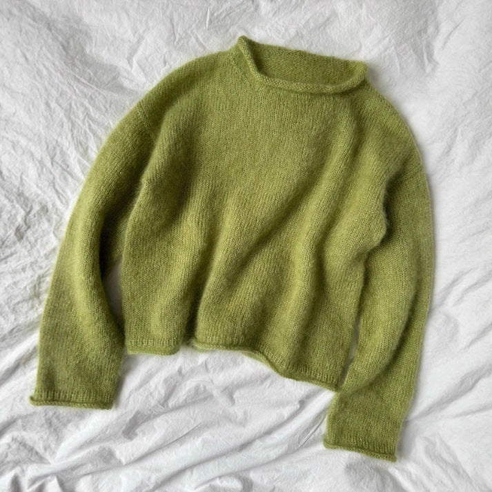Fuzzy Brushed Knit Mock Neck Cropped Sweater - Green - 1