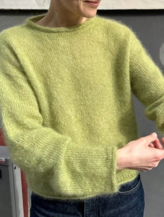 Fuzzy Brushed Knit Mock Neck Cropped Sweater - Green - 2